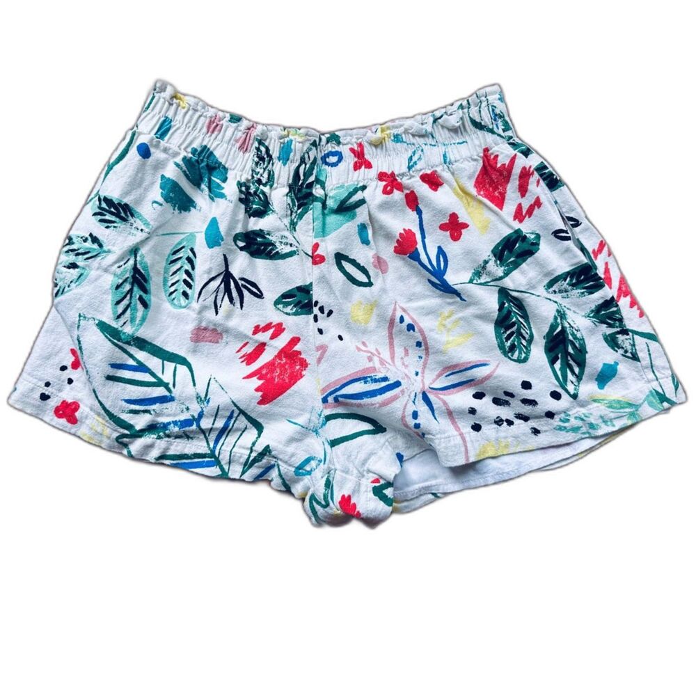 Linen Blend White & Colorful Botanical Print Yatch Style Shorts by Illa Illa - M